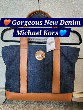 Michael Kors MK Denim Canvas Tote Bag Purse Tan Fulton Blue Jeans Handbag New